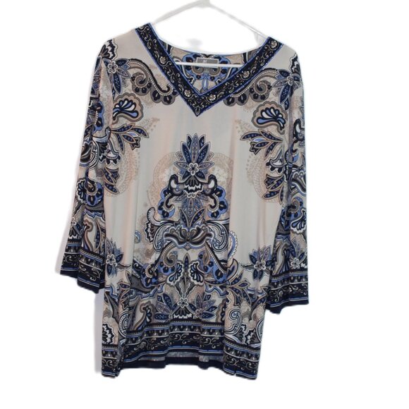 JM Collection Tops - JM Collection Blouse 3/4" Sleeve Blue Cream White Size L Artsy